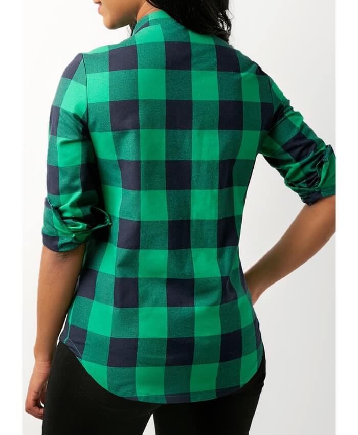 Green Lace Up Front Plaid Print Blouse